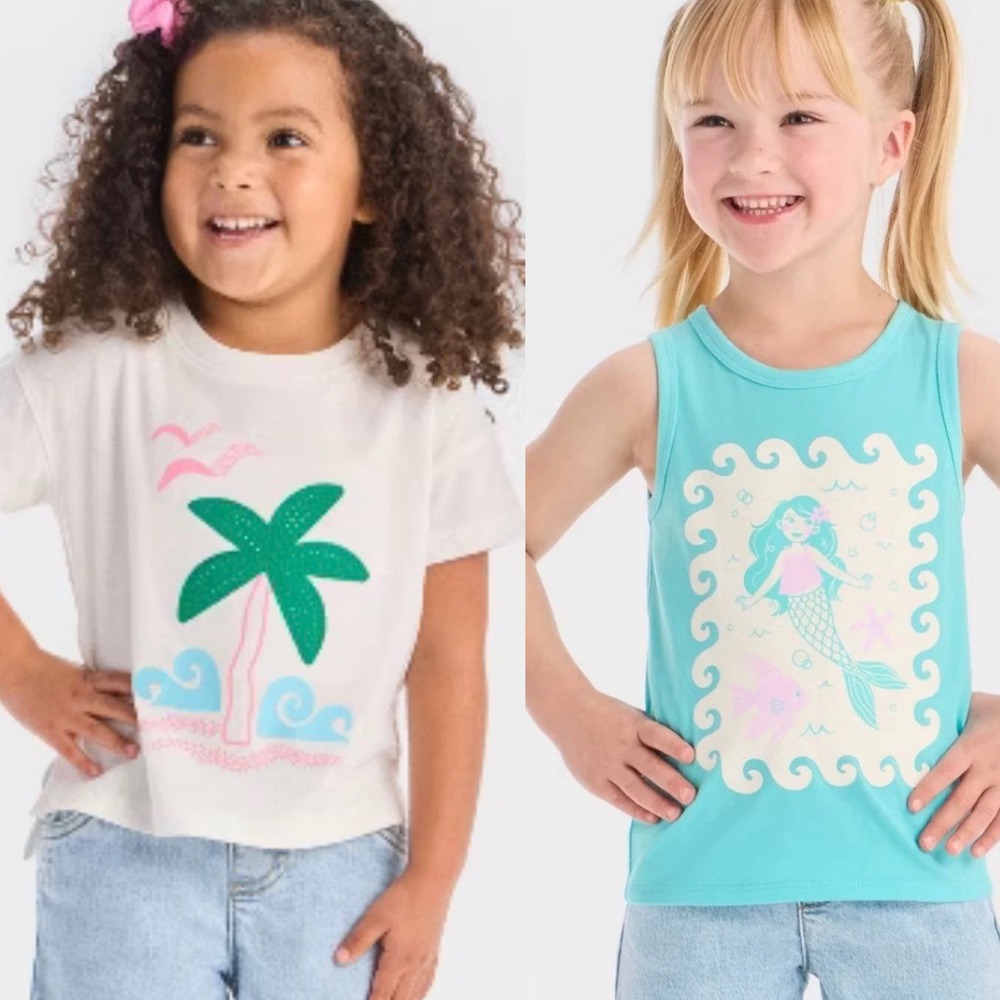 Lot of 2 Cat & Jack Baby Girls 12M Palm Tree Tee & Mermaid Tank Top Set